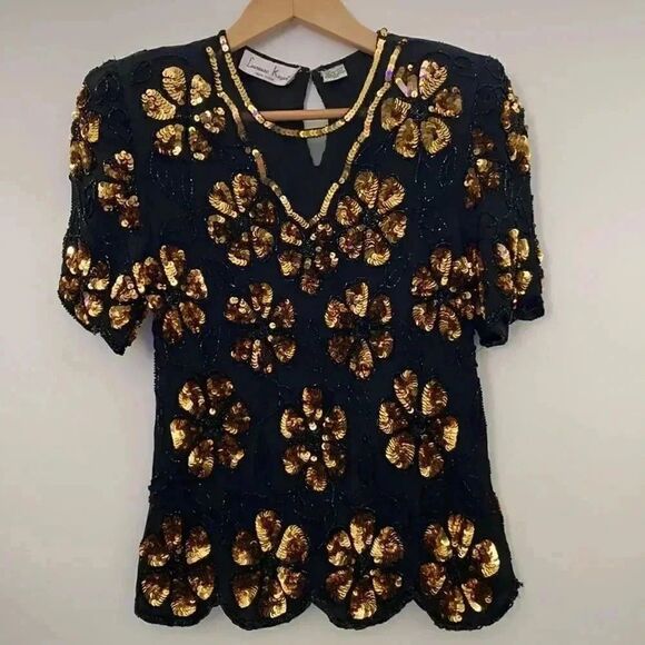 Vintage Laurence Kazan Silk Beaded Sequined Top - Picture 1 of 7